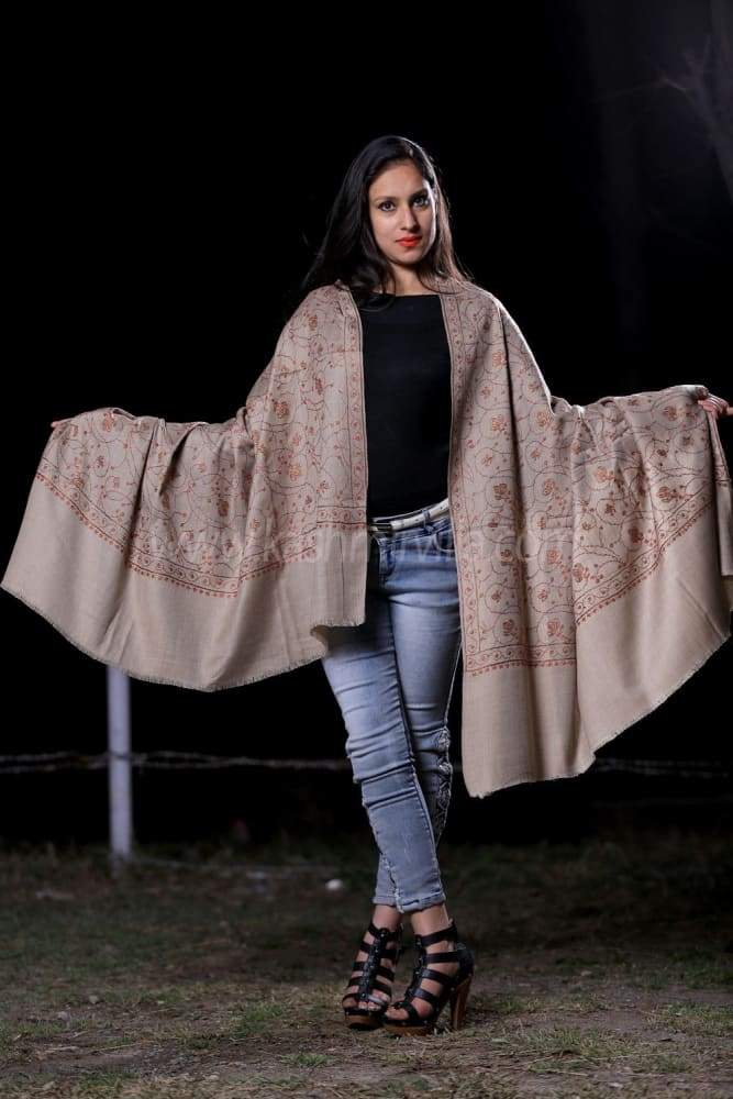 Beige Colour Shawl With SemiPashmin Base Rich AllOver Jaal