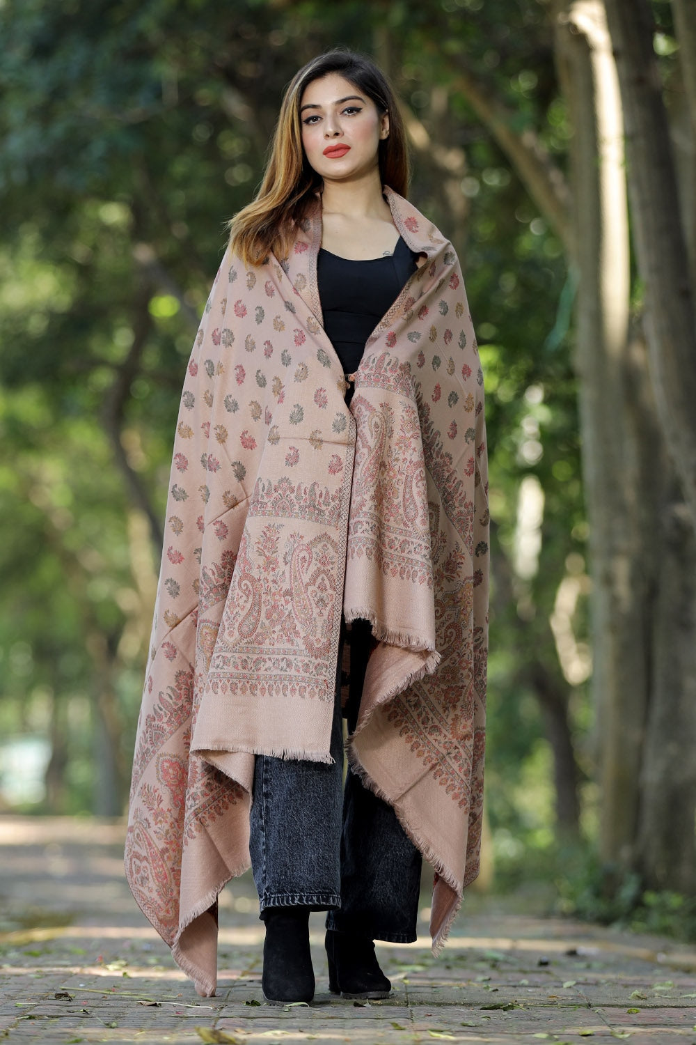 BEIGE COLOUR SHAWL WITH ZARI & KANI WORK DEFINES ROYAL