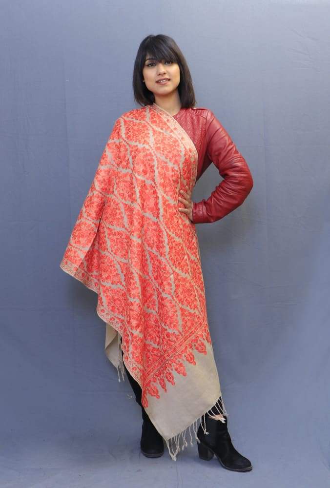 Beige Colour Stole With Kashmiri Embroidery Compliments