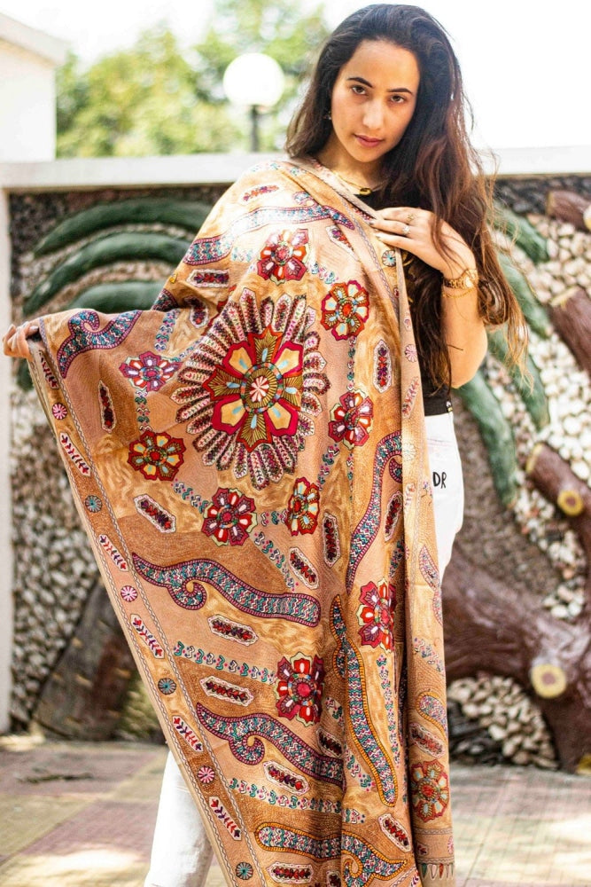 Beige Colour Stole With Kashmiri Embroidery Compliments