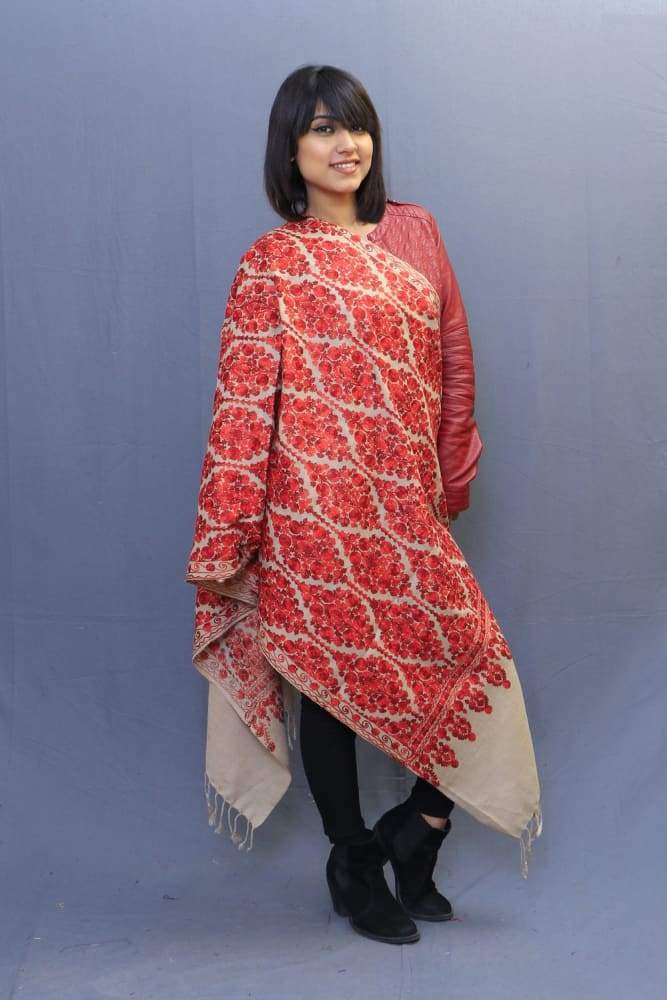 Beige Colour Stole With Kashmiri Embroidery Compliments