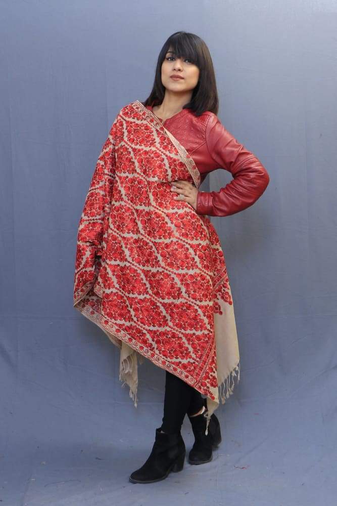 Beige Colour Stole With Kashmiri Embroidery Compliments