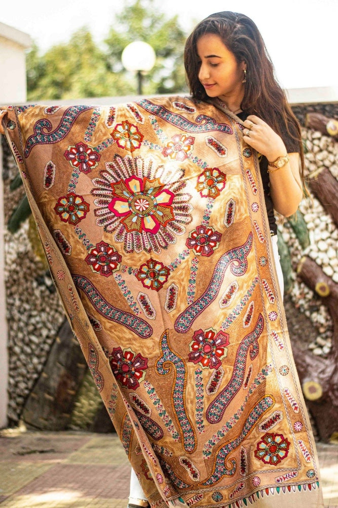 Beige Colour Stole With Kashmiri Embroidery Compliments