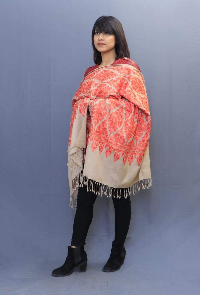 Beige Colour Stole With Kashmiri Embroidery Compliments