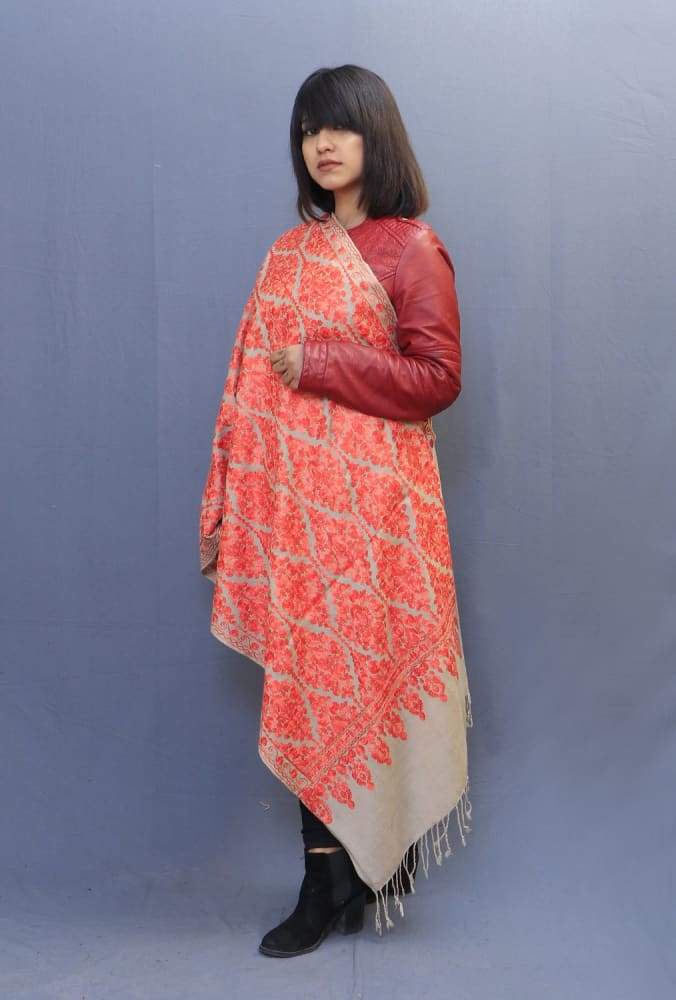 Beige Colour Stole With Kashmiri Embroidery Compliments