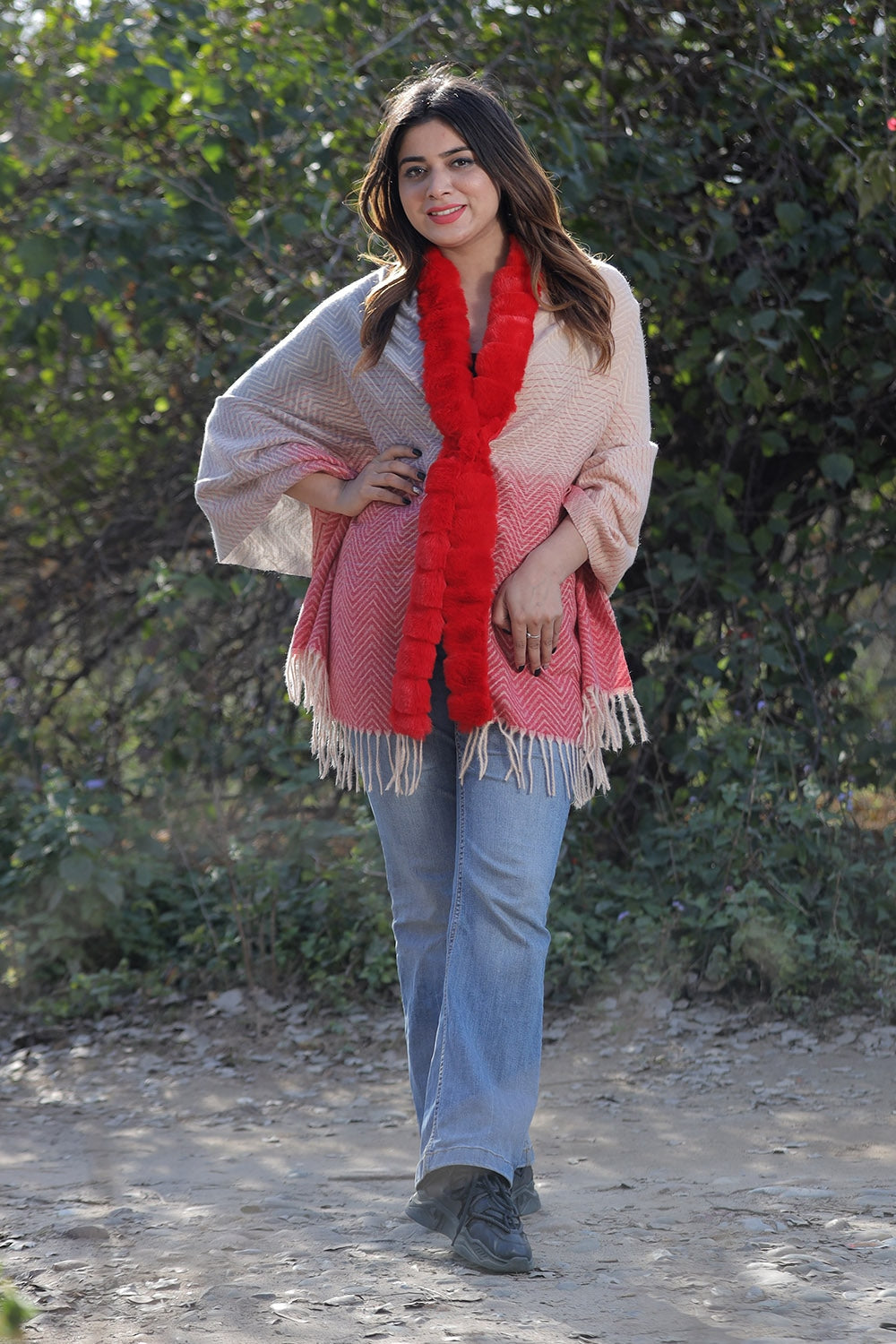 Red & Beige Colour Woollen Cashmere Faux Fur Cape Stole.