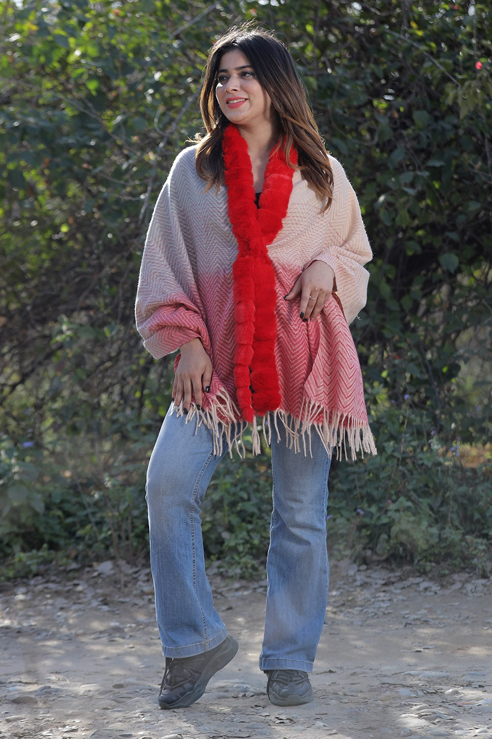 Red & Beige Colour Woollen Cashmere Faux Fur Cape Stole.