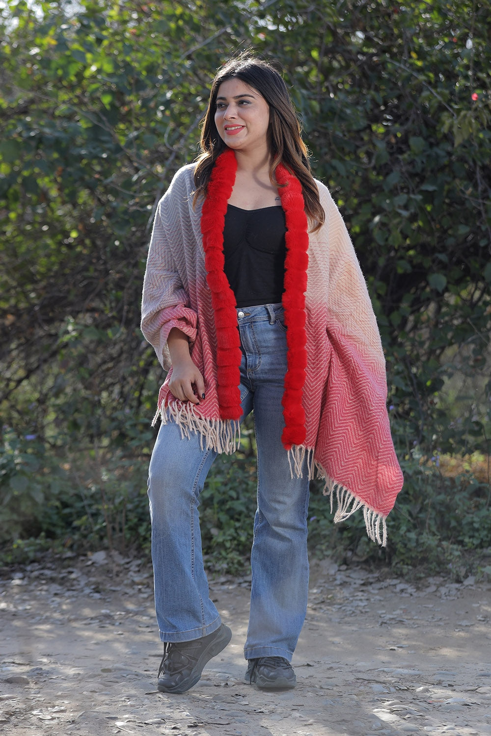 Red & Beige Colour Woollen Cashmere Faux Fur Cape Stole.