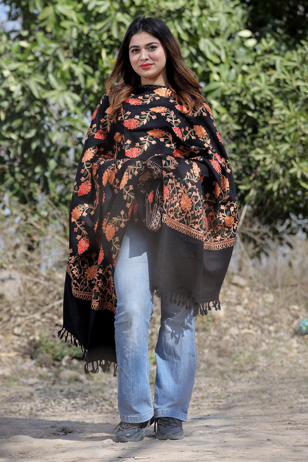 Black Color Aari Work Embroidered Shawl Enriched