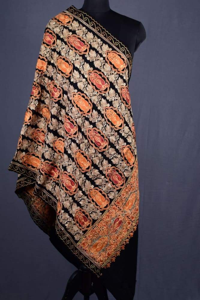 Black Color Kashmiri Work Embroidered Stole Enriched
