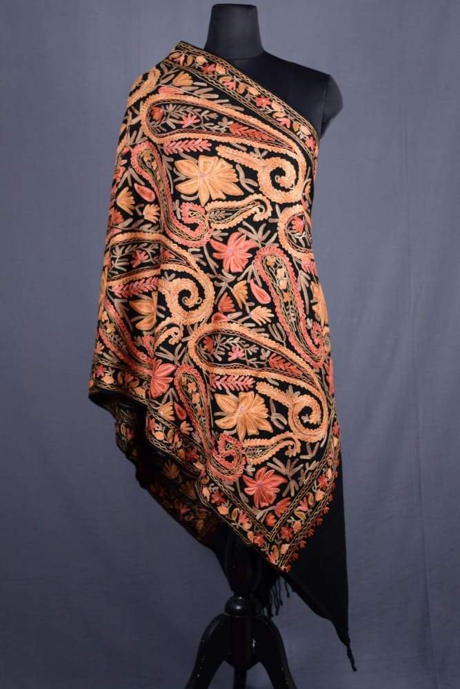 Black Color Kashmiri Work Embroidered Stole Enriched