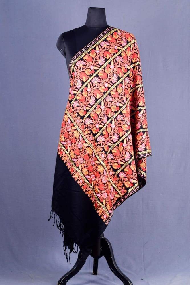Black Color Kashmiri Work Embroidered Stole Enriched
