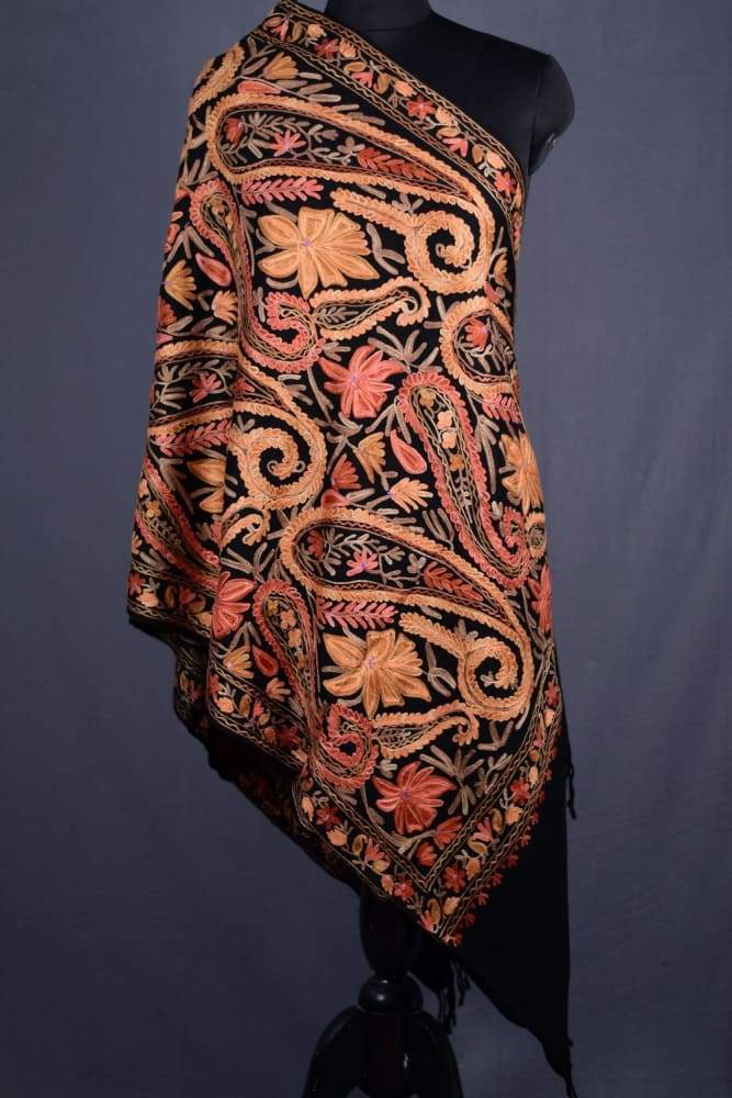 Black Color Kashmiri Work Embroidered Stole Enriched