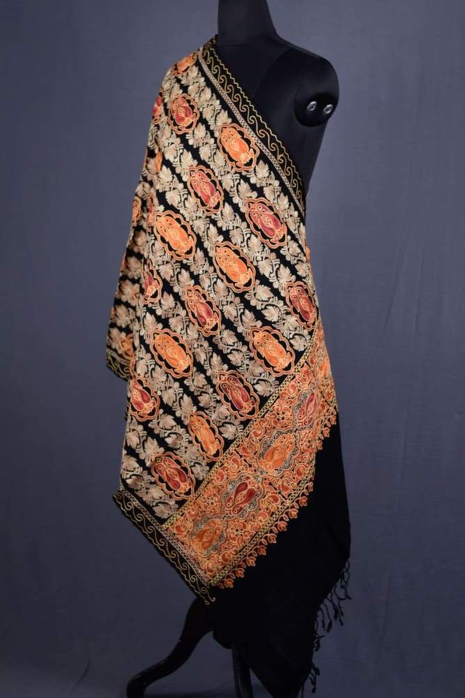 Black Color Kashmiri Work Embroidered Stole Enriched