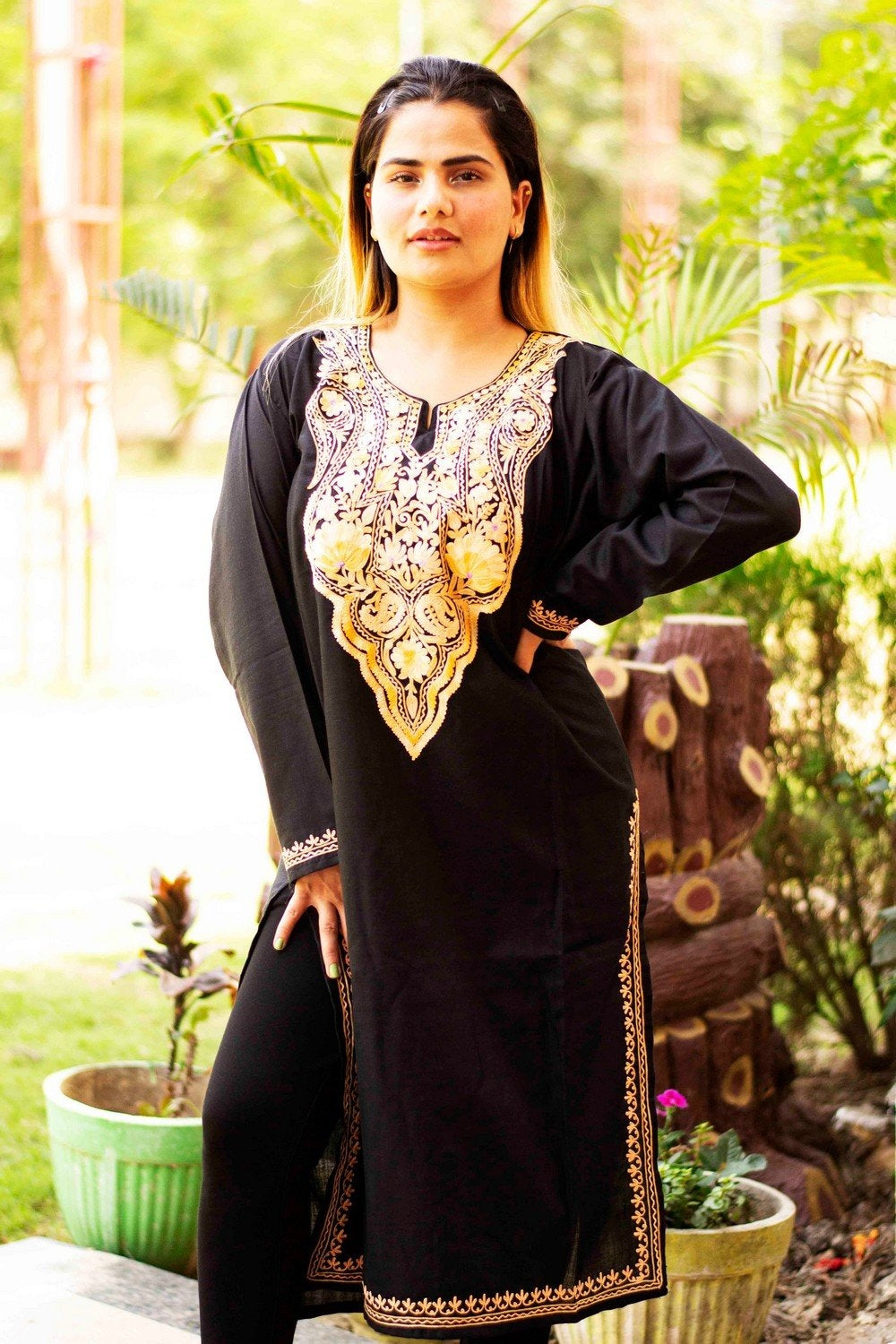 Black Colour Cotton Kurti With Beautiful Aari Embroidery