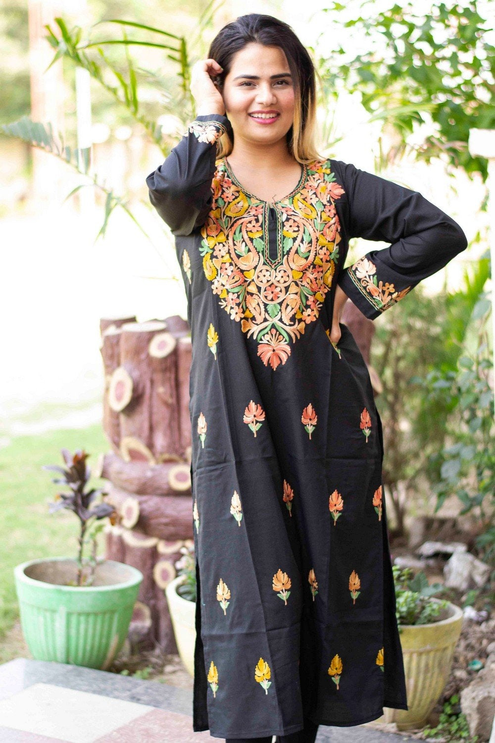 Black Colour Cotton Kurti With Beautiful Aari Embroidery