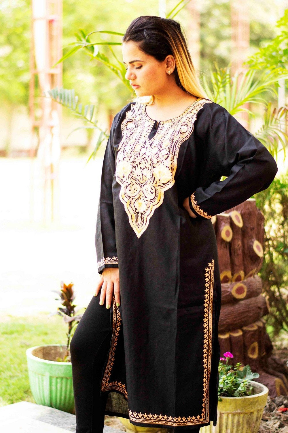 Black Colour Cotton Kurti With Beautiful Aari Embroidery