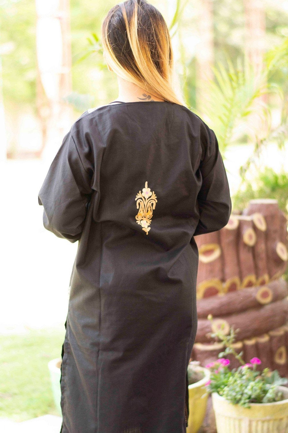 Black Colour Cotton Kurti With Beautiful Aari Embroidery