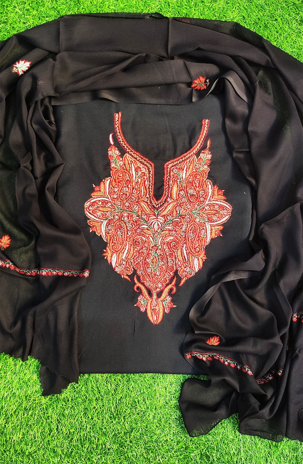 Black Colour Cotton Suit With Beautiful Kashmiri Hand