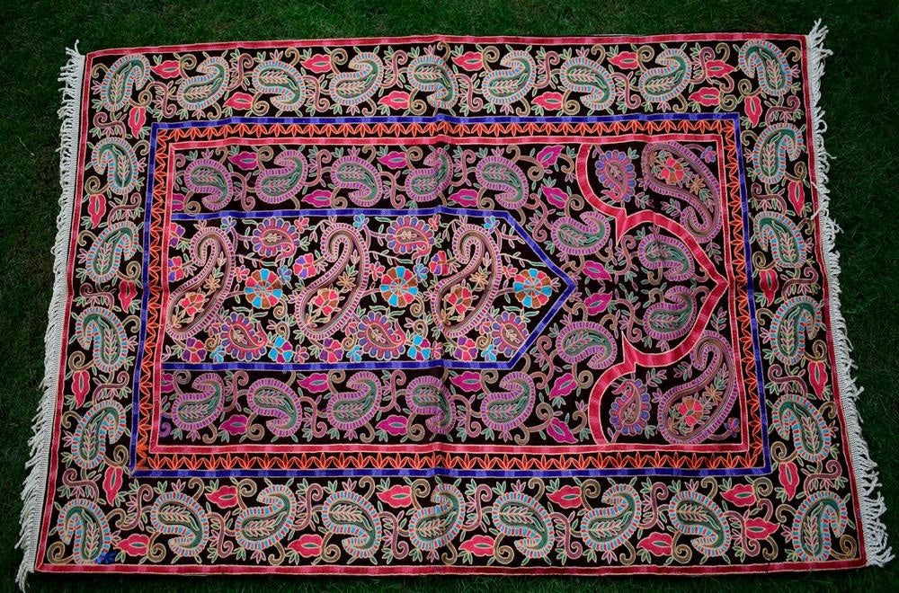 Black Colour With Multi Thread Kashmiri Aari Work Prayer Rug