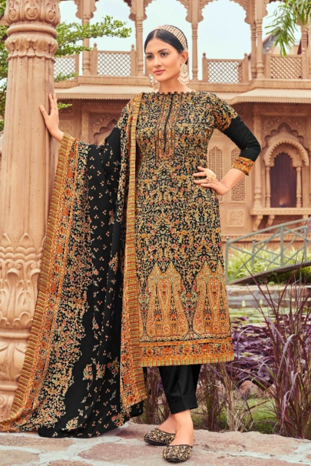 Black Colour Printed Woolen Unstitched Suit Fabric