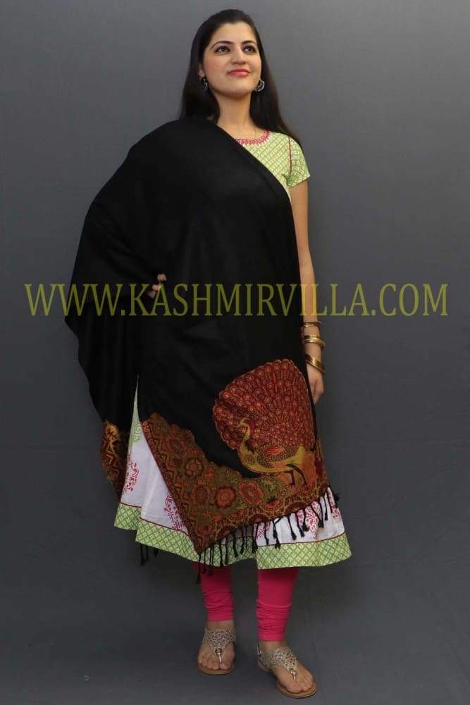 Black Colour Soft Textured Wrap With Peacock Printing