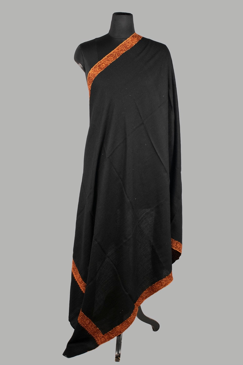 Black Colour Sozni Work Handwoven Shawl On Semi Pashmina