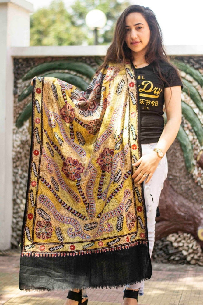 Black Colour Stole With Kashmiri Embroidery Compliments