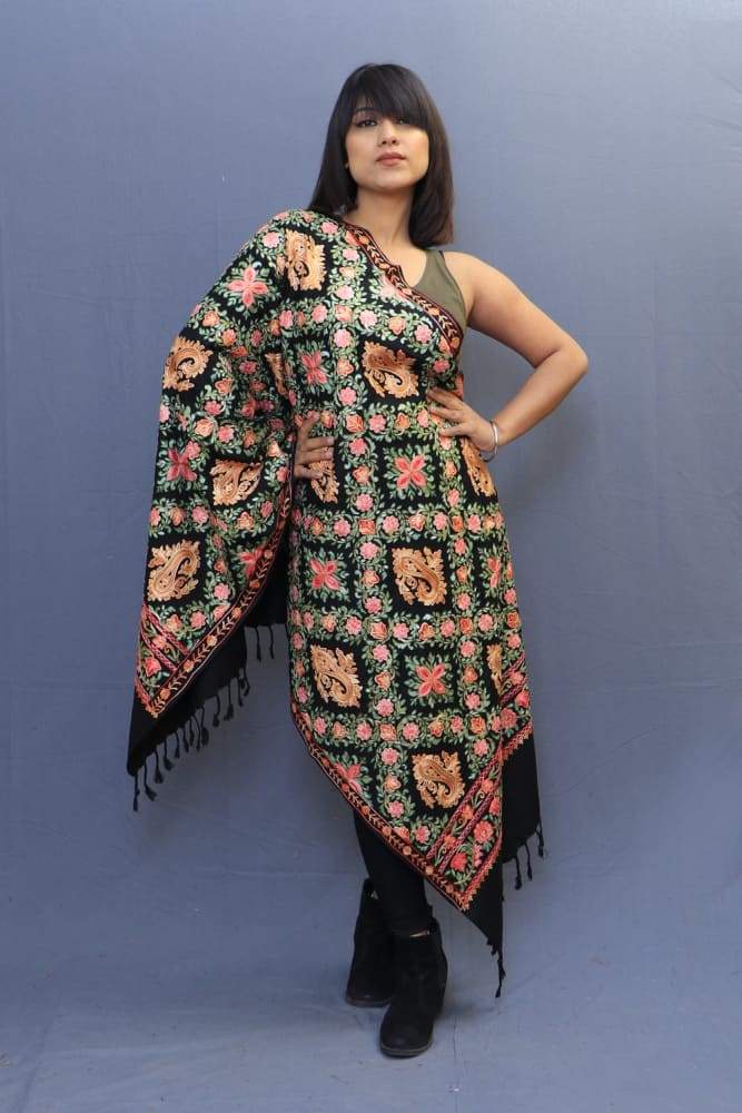 Black Colour Stole With Kashmiri Embroidery Compliments