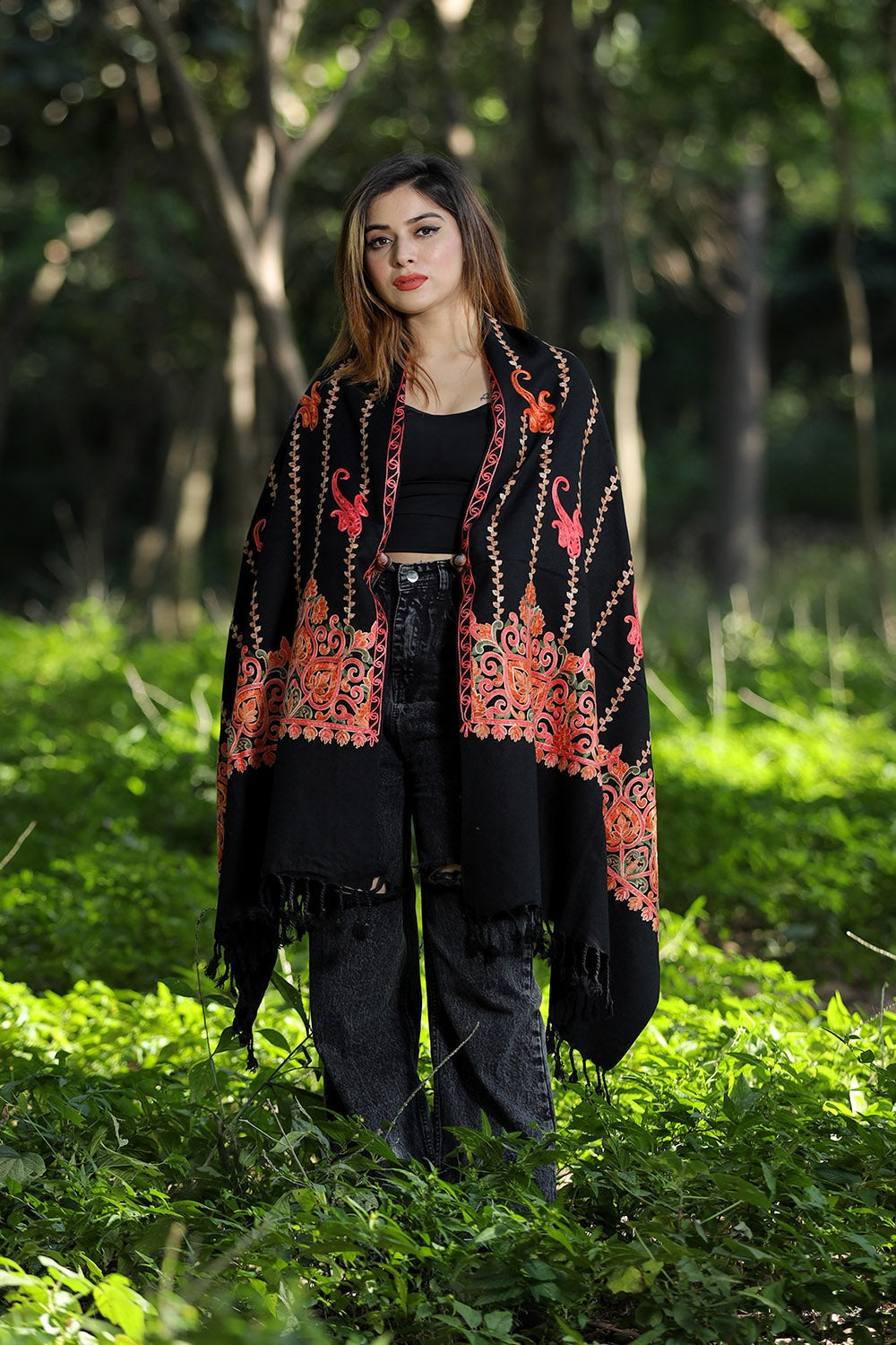 Black Colour Wolen Base With Rich All Over Kashmiri Jaal