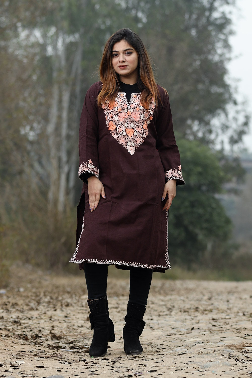 Chocolate Brown Color Aari Work Embroidered Kurti With New