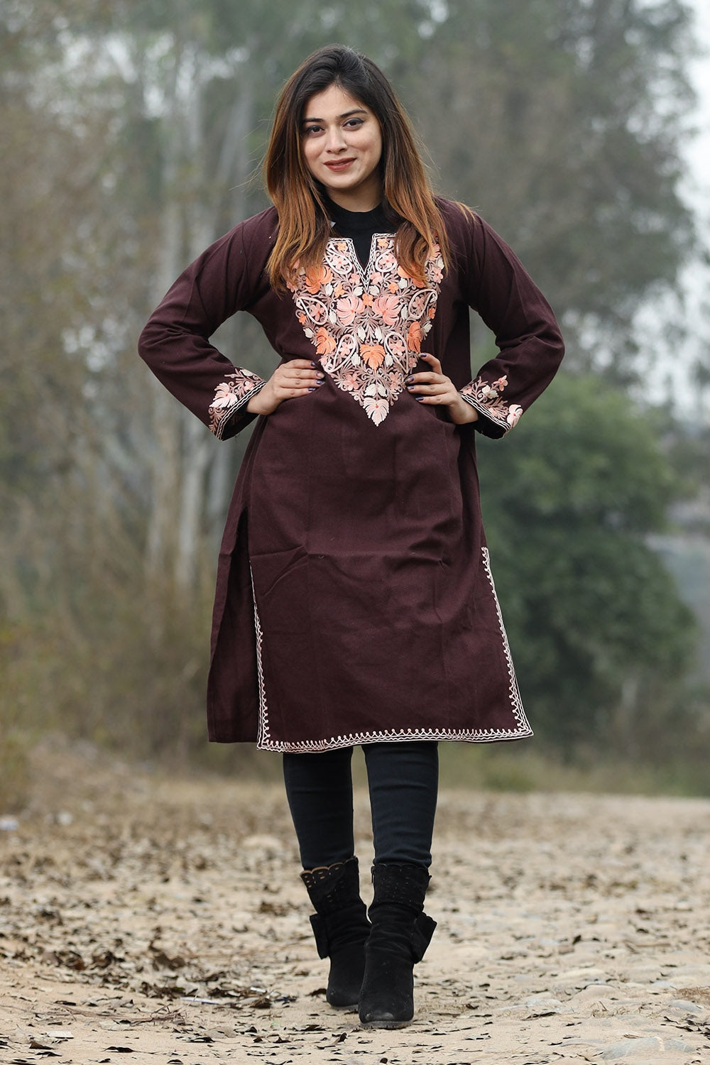 Chocolate Brown Color Aari Work Embroidered Kurti With New