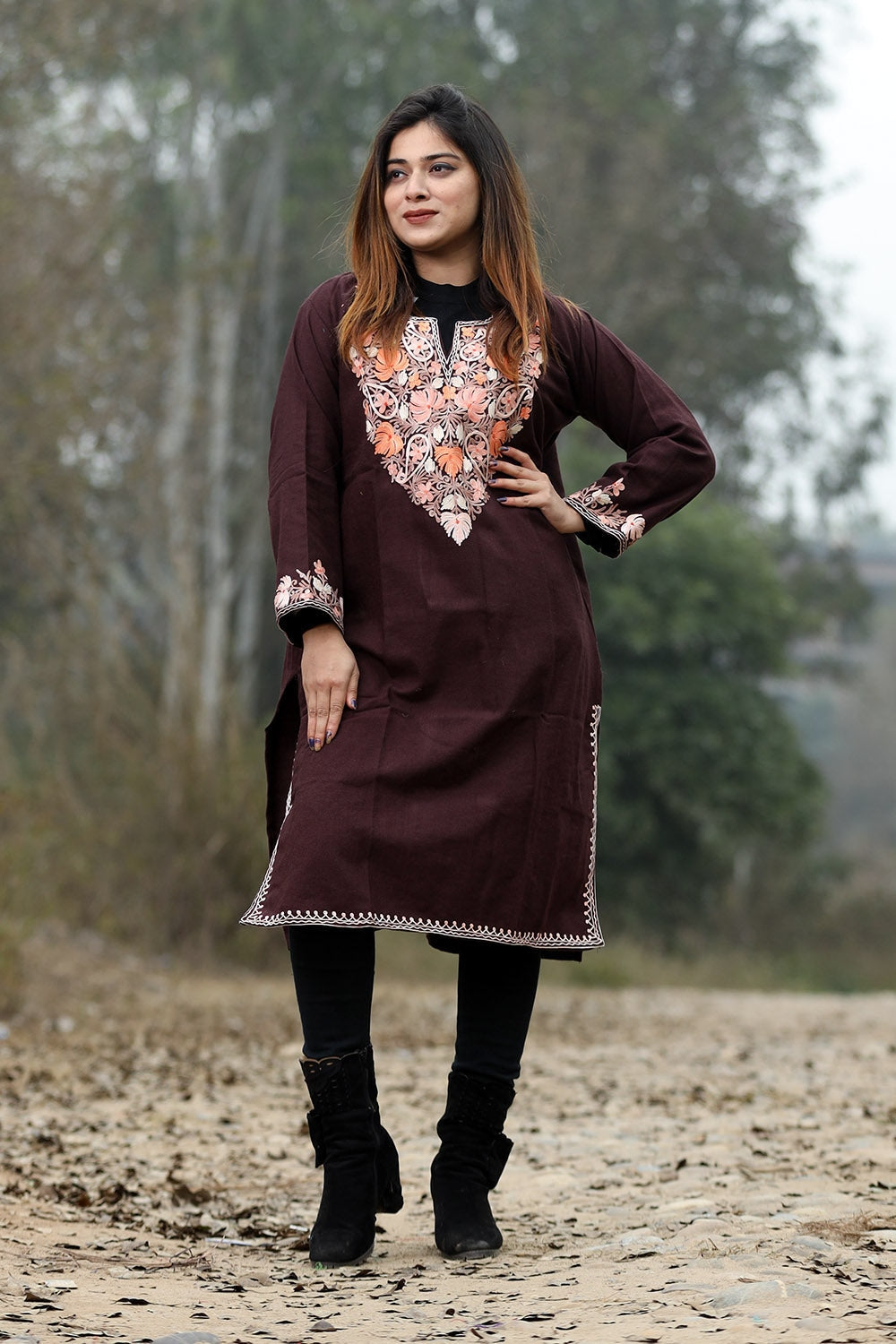 Chocolate Brown Color Aari Work Embroidered Kurti With New