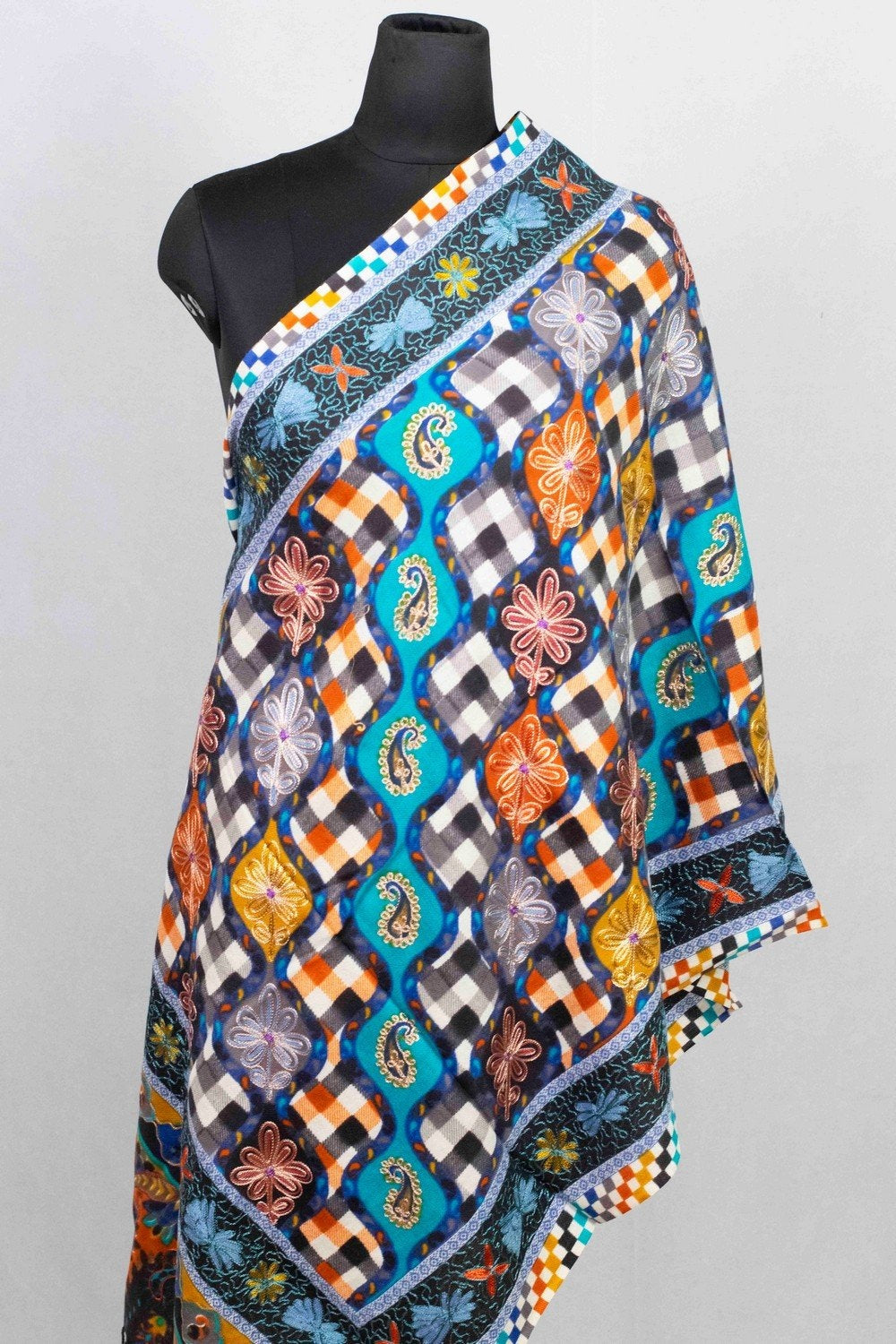 Blue & Black Multicolor Aari Work Embroidered Stole