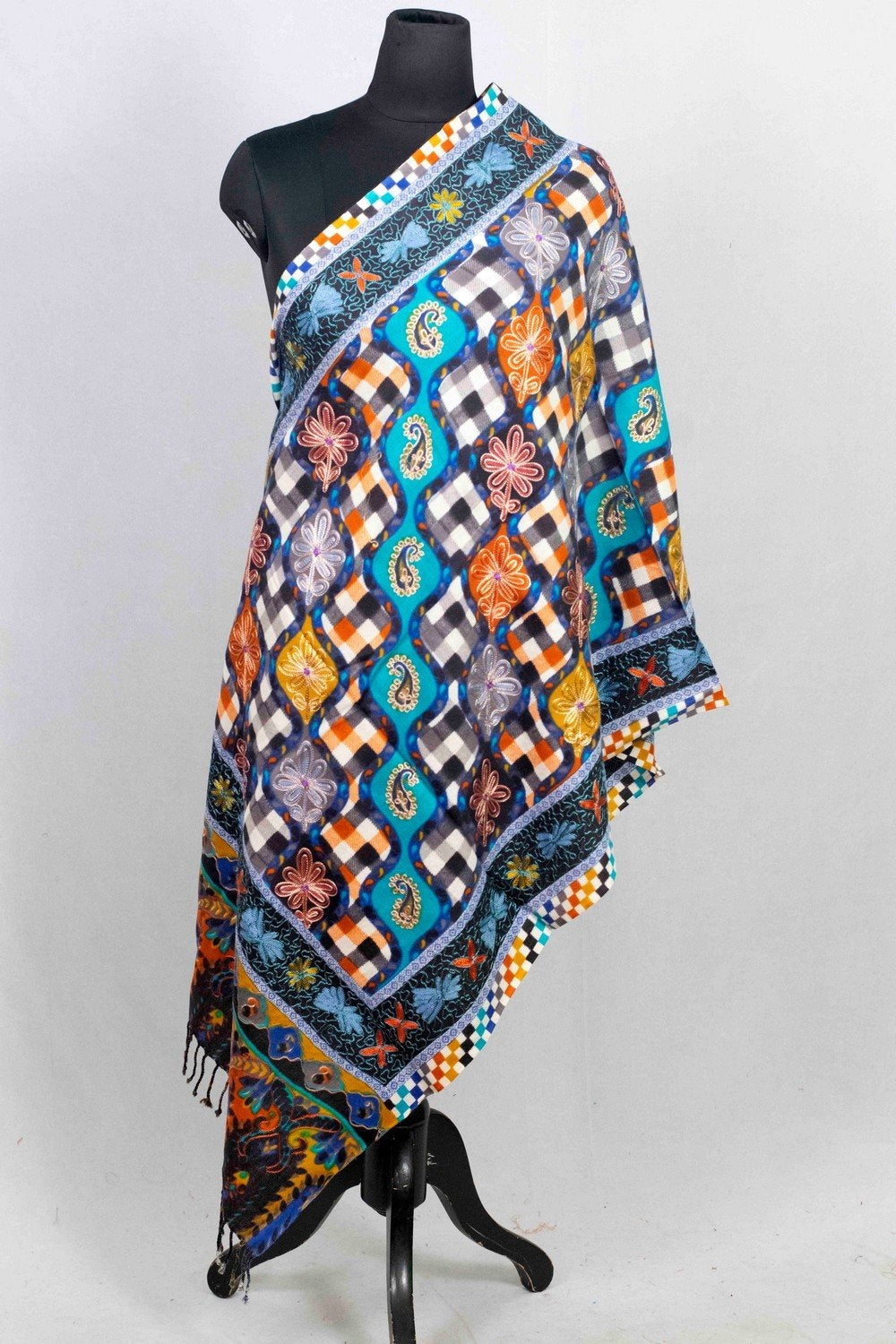 Blue & Black Multicolor Aari Work Embroidered Stole