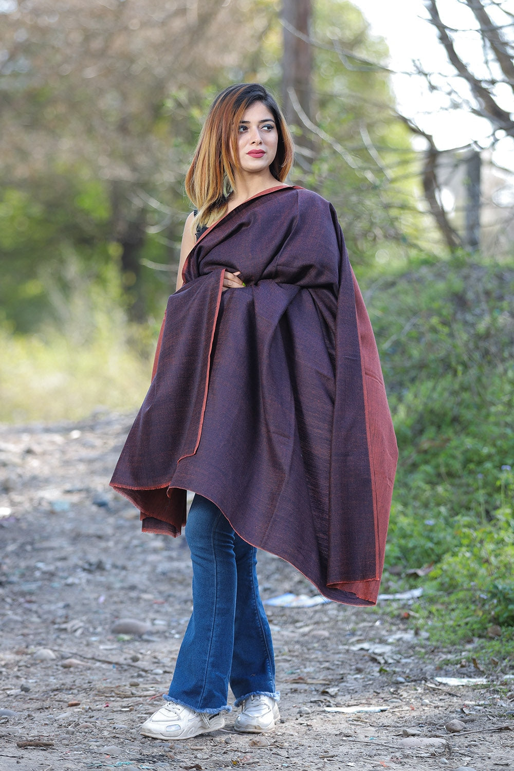 Blue & Brick Colour Reversible Semi Pashmina Shawl.