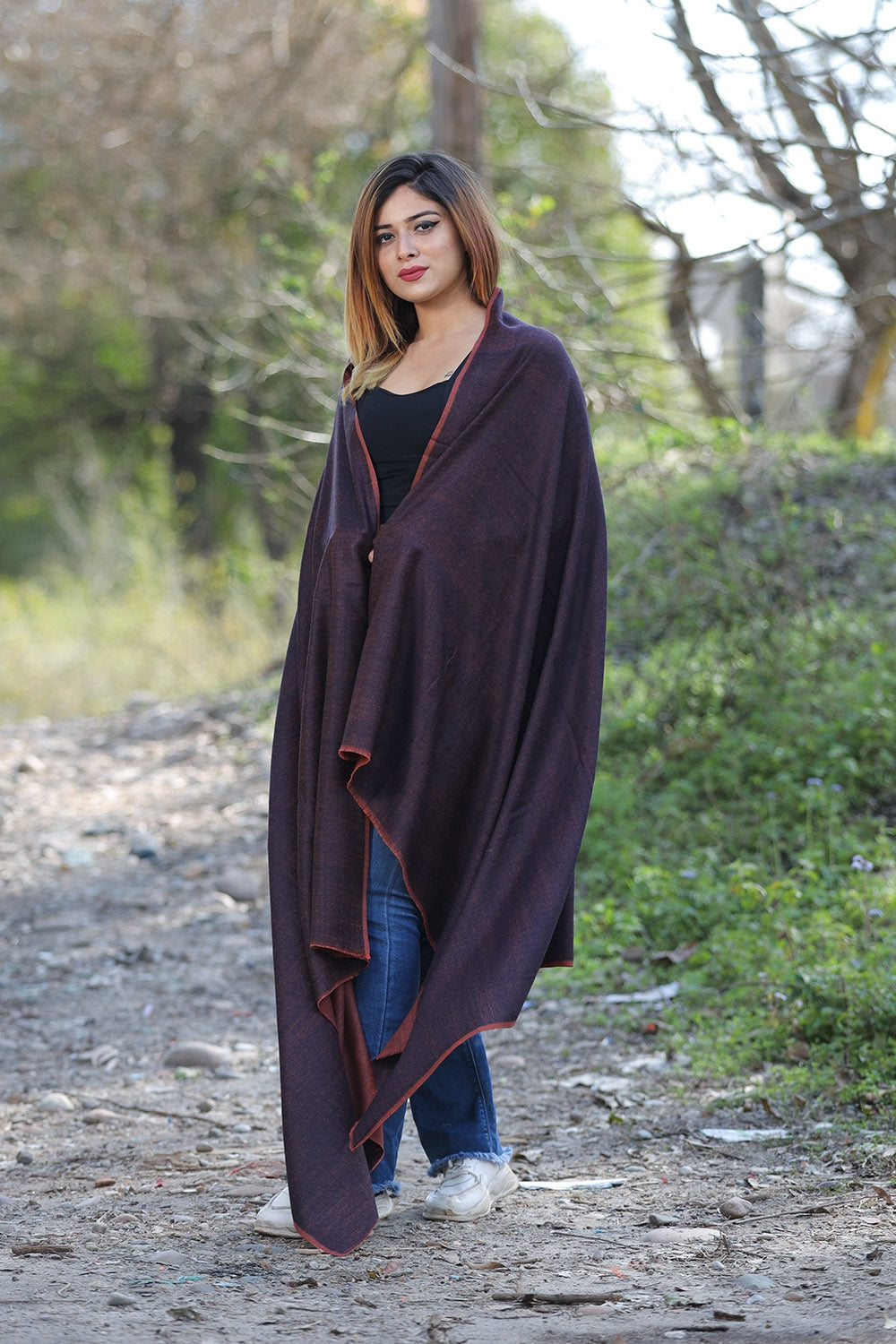 Blue & Brick Colour Reversible Semi Pashmina Shawl.