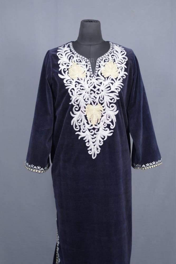 Blue Color Aari Work Embroidered Velvet Phiran Enriched
