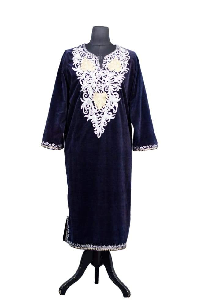 Blue Color Aari Work Embroidered Velvet Phiran Enriched