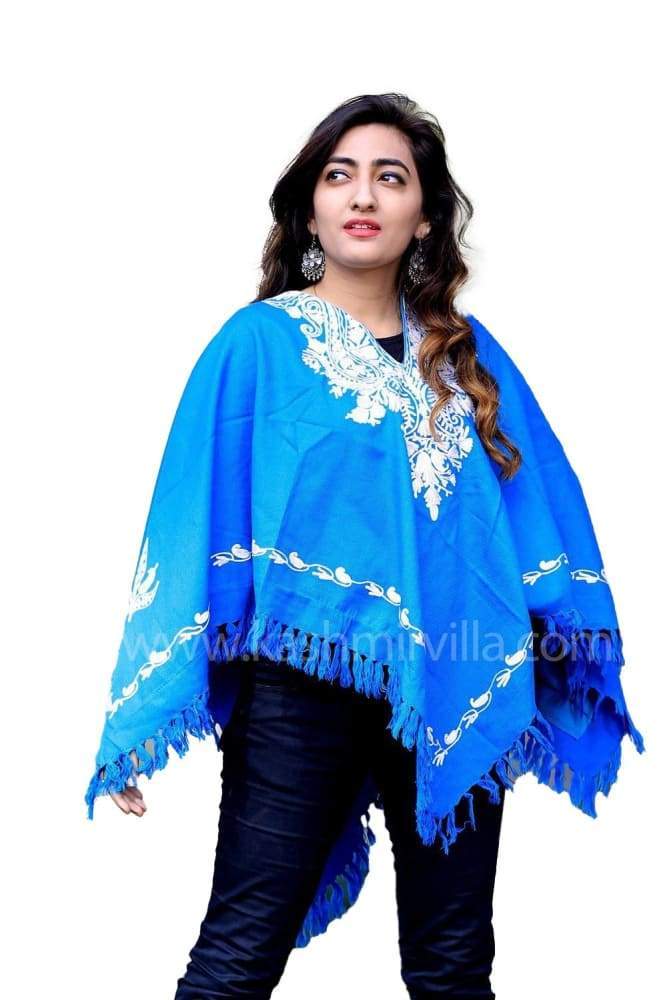 Blue Color Kashmiri Aari Work Embroidered Poncho Enriched