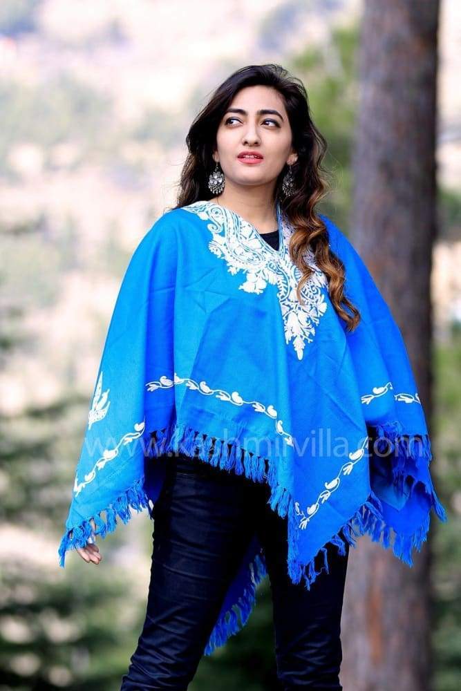 Blue Color Kashmiri Aari Work Embroidered Poncho Enriched