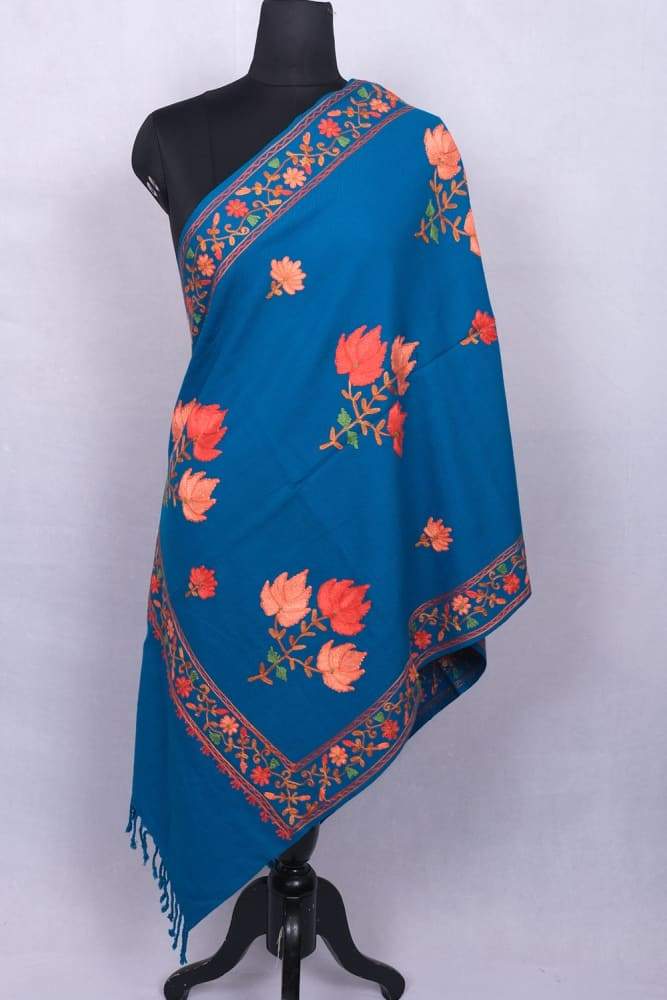 Blue Color Kashmiri Sozni Work Embroidered Stole Enriched