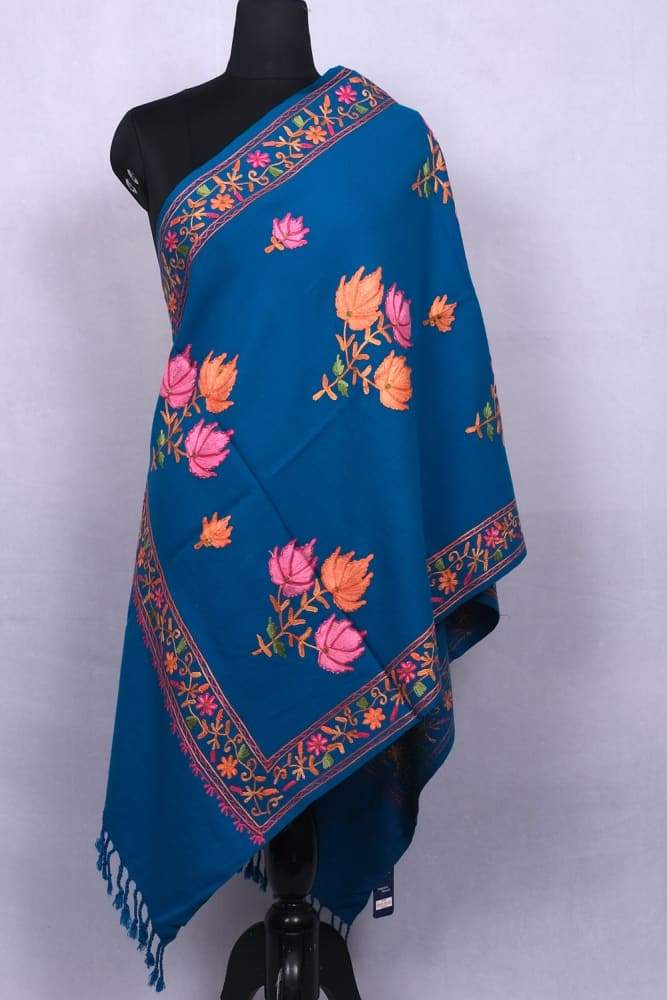Blue Color Kashmiri Sozni Work Embroidered Stole Enriched