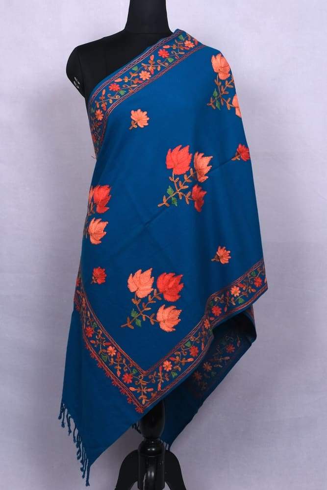 Blue Color Kashmiri Sozni Work Embroidered Stole Enriched