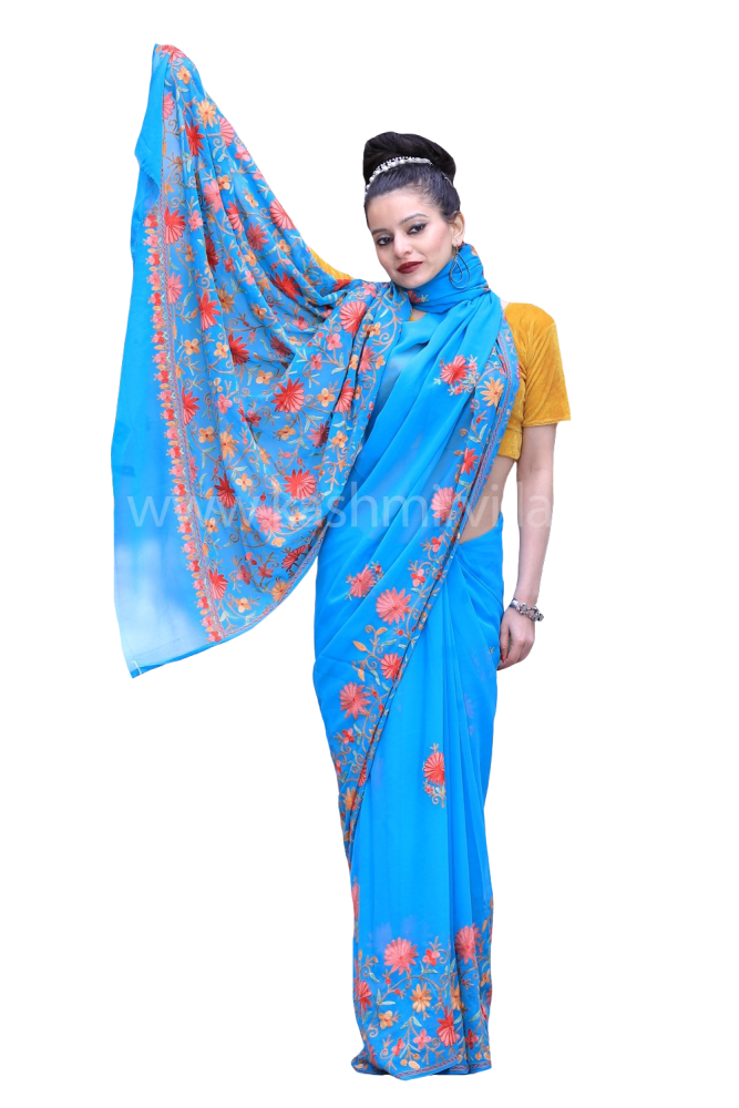 Blue Color Kashmiri Work Embroidered Saree Enriched