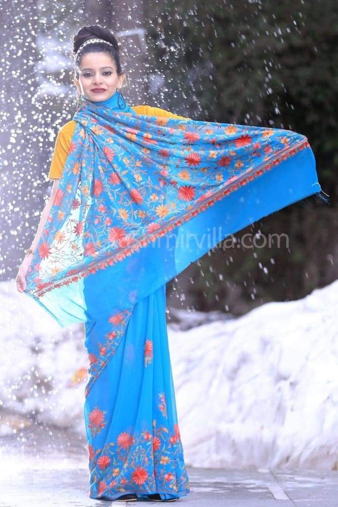 Blue Color Kashmiri Work Embroidered Saree Enriched