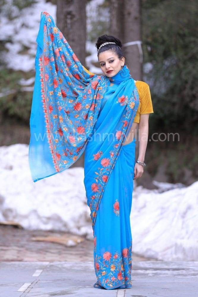 Blue Color Kashmiri Work Embroidered Saree Enriched