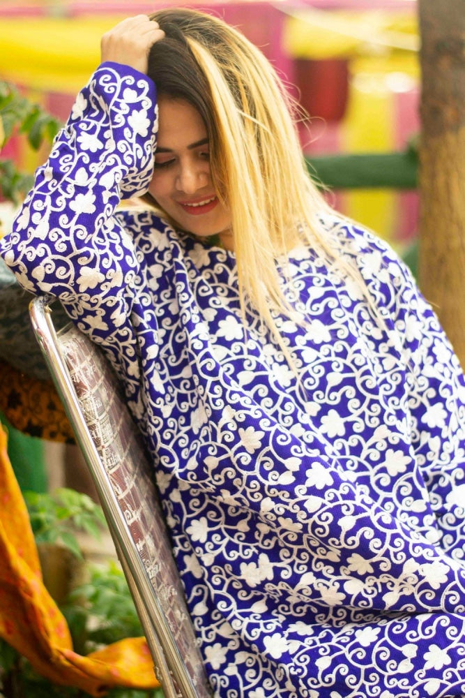 Blue Color Kashmiri Work Phiran Enriched Designer White