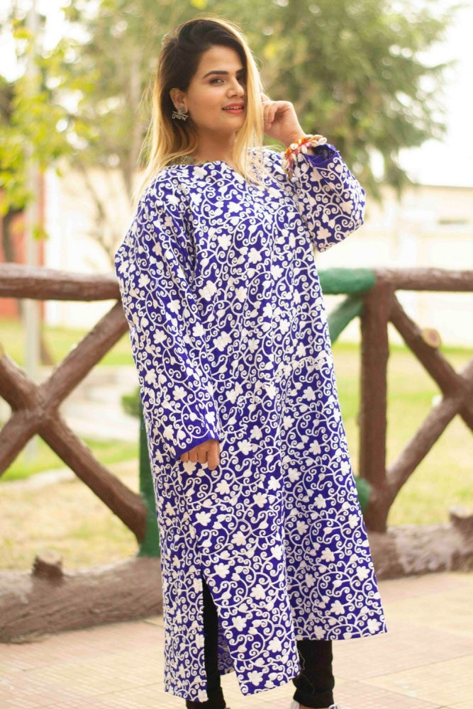 Blue Color Kashmiri Work Phiran Enriched Designer White