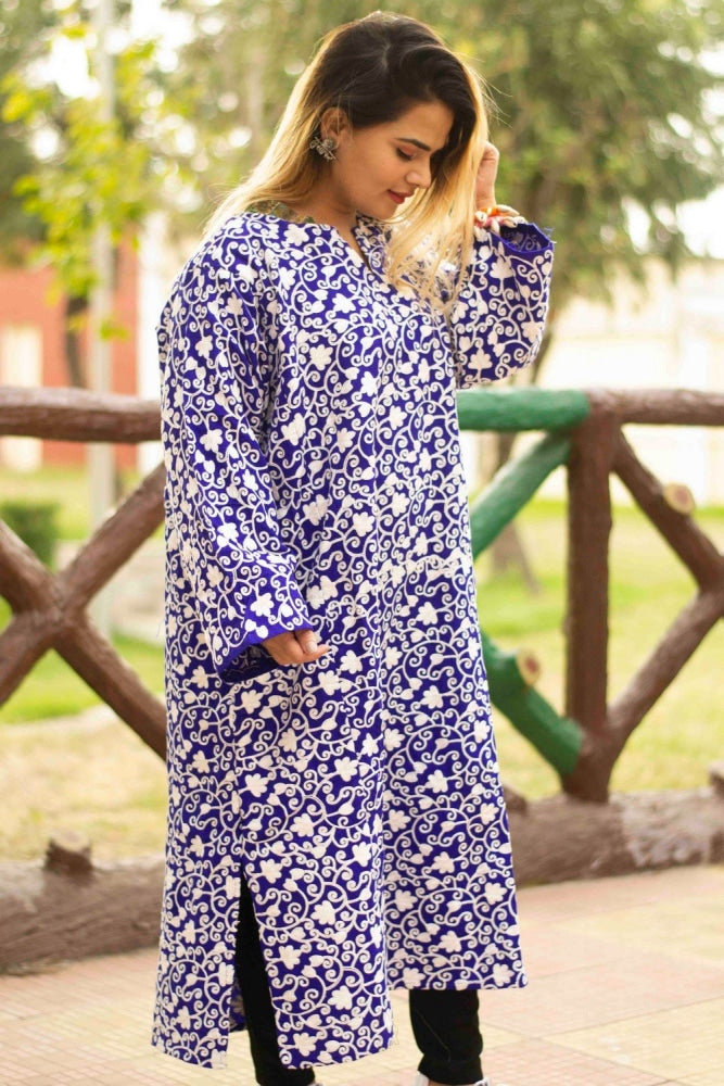 Blue Color Kashmiri Work Phiran Enriched Designer White